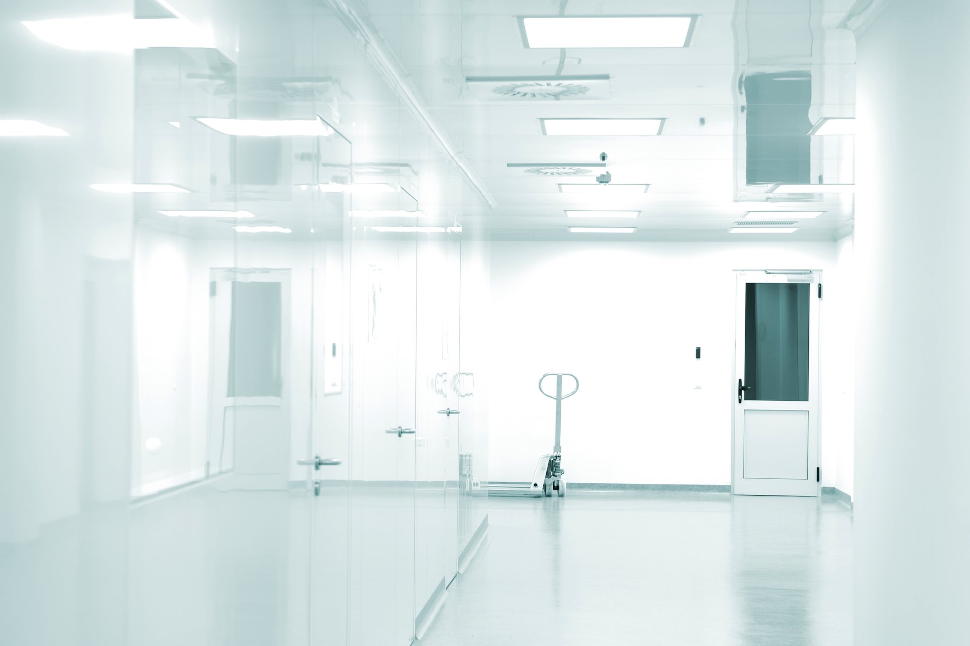 ISO cleanroom interior with overhead FFU lighting